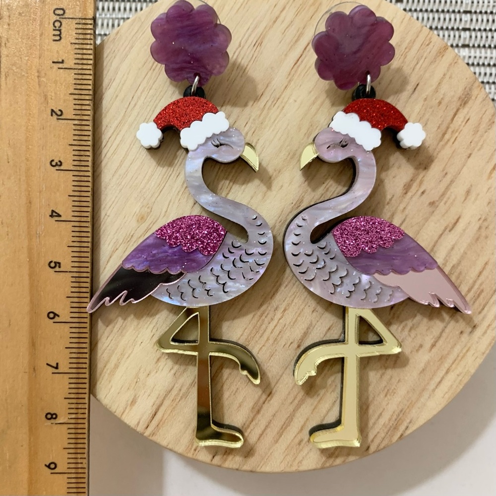 Christmas Earrings - Acrylic Pink Flamingo w Stainless Steel Stud Xmas Festive - Picture 5 of 6